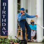 Roger Angell with Governor Janet Mills on front porch of Friend Memorial Library August 8 2020