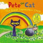image of book Pete The Cat Leprechaun chase with a cat a rainbow and a pot of gold on an orange and green background