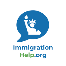 blue white and green logo with statue or liberty outline logo for immigration help dot org