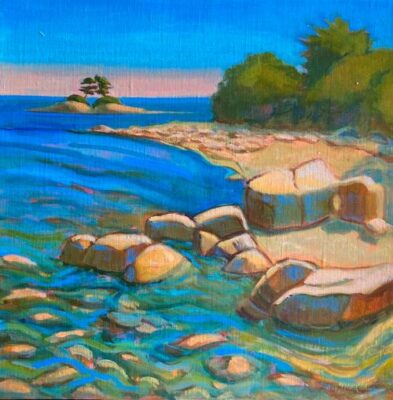 Leslie Anderson painting with cobalt blue sea and beach at Flye Point in Brooklin ME