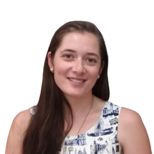 Catherine Nevin, female with long brown hair in white and blue sundress